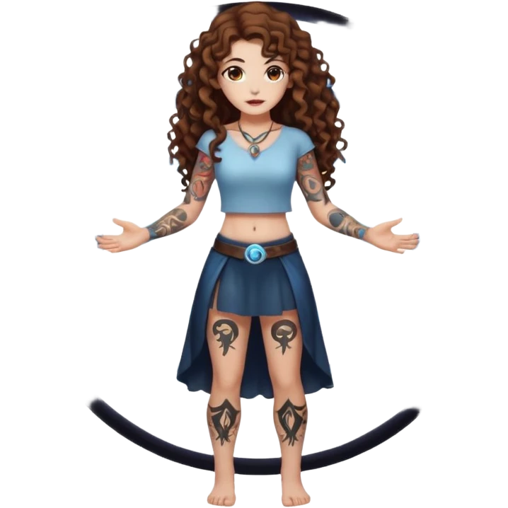 full body view of a woman with long curly brown hair, brown eyes, white skin, tattoos, fake innocent pose while standing inside a glowing spell circle emoji