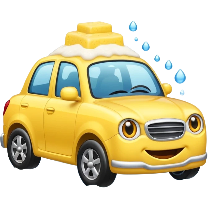 car wash emoji with car and soap suds, yellow sponge, playful expression emoji
