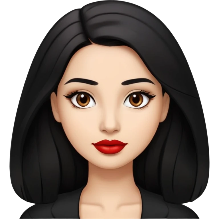 Confident young woman with oval face, elegant features, dark brown eyes, arched eyebrows, red lipstick, light brown skin, long black hair, wearing a black top emoji