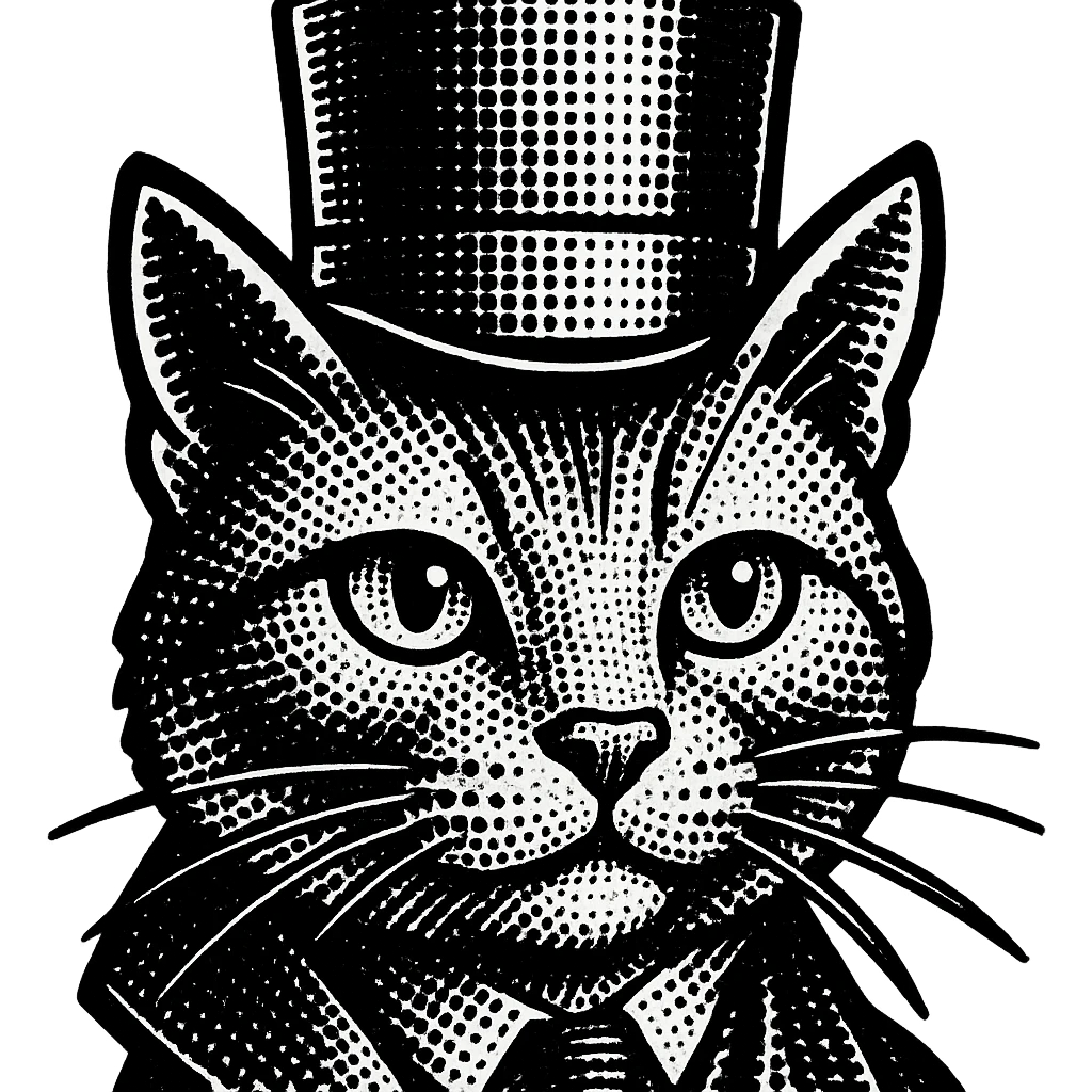 vintage black and white drawing of a cat with a top hat, high contrast emoji