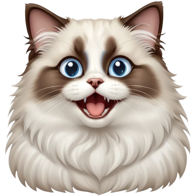 cinematic-adorable-big-eyed-fluffy-dark brown and white ragdoll-cat-portrait-emoji,-head-tilted-playfully-with-a-cute,-yawn,-soft-brown-and white-colored-fur-with-darker-points-on-the-ears,-simplified-yet-irresistibly-cute-features, sparkling blue eyes emoji