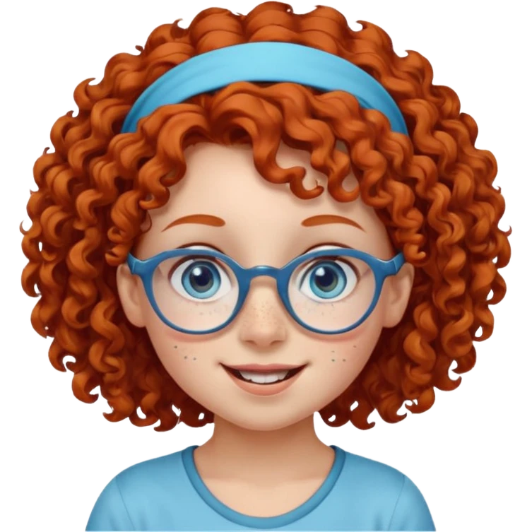 redhead kid with unique face features and very curly hair kid girl happy and big glasess and big nose and very blue eyes and headband with freckles emoji