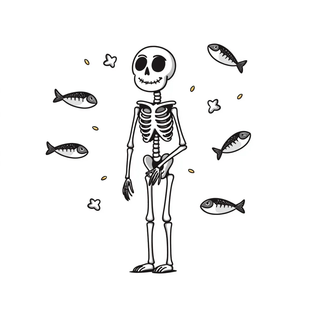 Ethereal skeleton in firm posture with floating sardines, bright yogurt, and golden sesame seeds around it, white light threads connecting the foods to the bones emoji