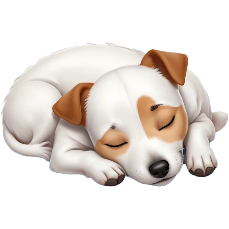 Meme-Worthy Cute Sleeping Jack Russell Terrier Portrait Emoji, Head and body resting peacefully with a contented smile, showcasing a compact, alert yet relaxed form with eyes gently closed in serene slumber, Simplified yet adorably endearing features, highly detailed, glowing with a soft, drowsy canine light, high shine, relaxed and utterly lovable, stylized with an air of playful laziness, soft glowing outline, capturing the essence of a sleeping Jack Russell Terrier that feels destined to become the next viral icon of adorable rest! emoji