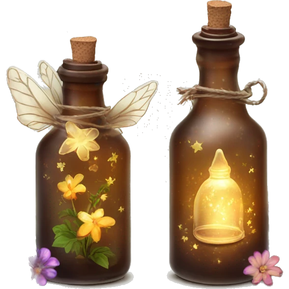 Brown magic fairy light sparkling old Antique bottle with poison and with herbal and flowers emoji