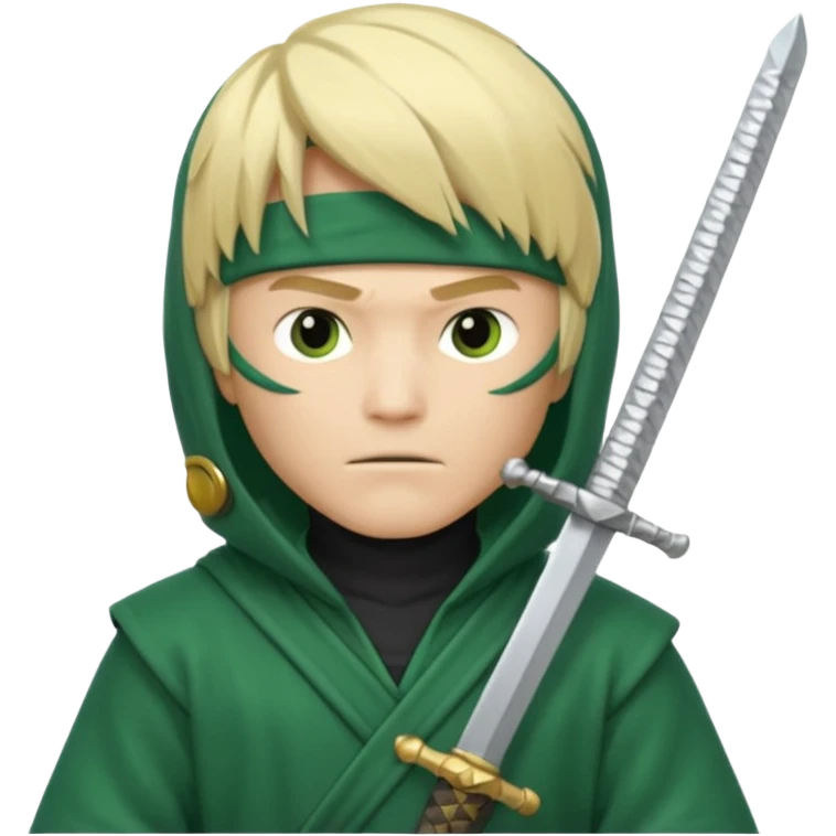 Green ninja Lloyd garmadon blonde hair, kaptur hoody on his head but blonde grzywka visible; the bottom left one is best (the one without miecze + black band + no mask of face) but add miecz; I want no band on head  emoji