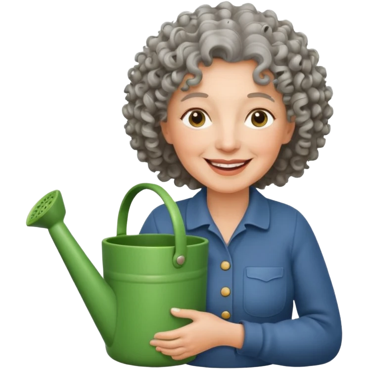 Older female florist – curly hair, hold garden watering pot emoji