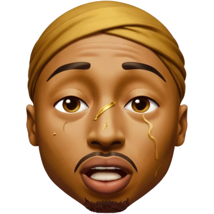 tupac but he's made of gold but he's also in an unbearable amount of pain, he has a really pained expression, his mouth is wide opened and his eyes are closed emoji