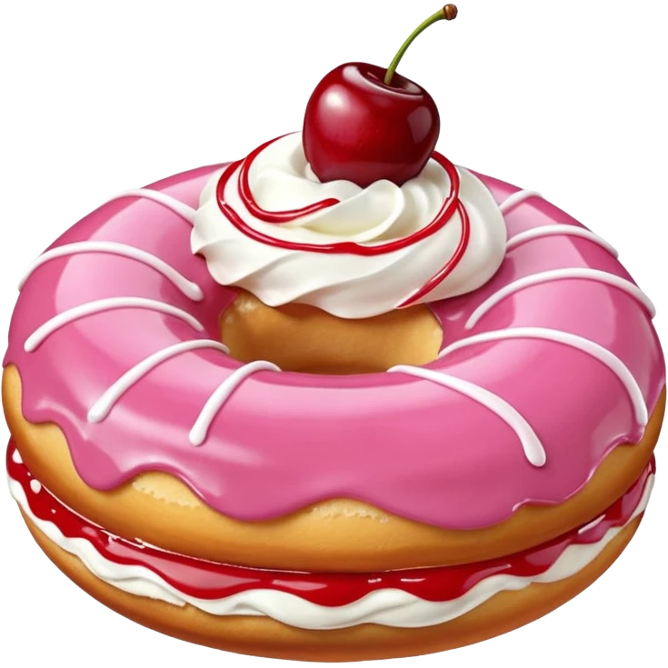 Round donut with smooth shade pink icing and thin white drizzle lines, golden-brown dough visible on the sides.
White whipped cream dollop in the center topped with a glossy red cherry and stem, clean studio lighting, pure white background, realistic minimal emoji-style. emoji