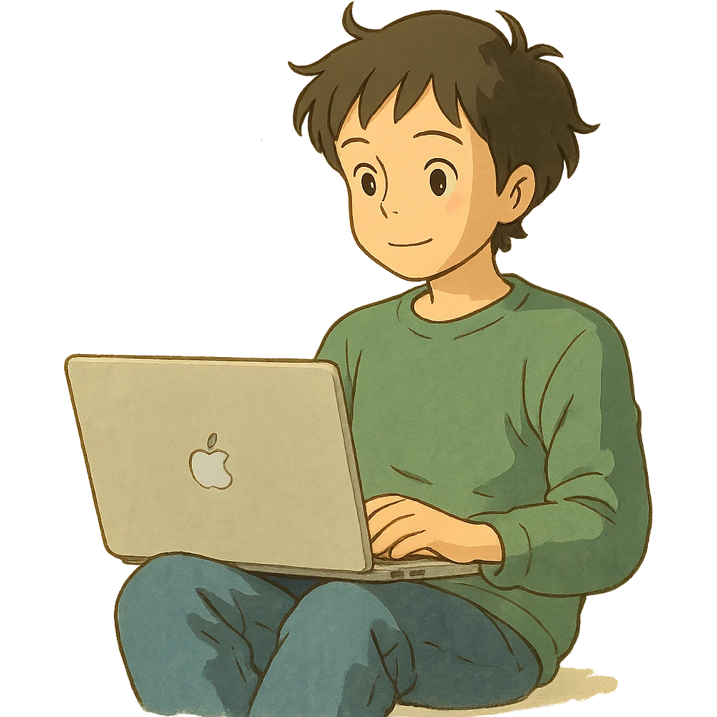 a person working on their MacBook, relaxed posture, natural light, ghibli style, no background emoji