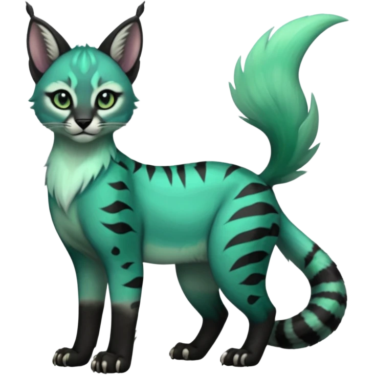 Colorful seafoam-green, black-pointed, tropical tribal glorious iridescent divine exotic cute cool beautiful beautiful fantasy-caracal-civet-genet-sergal-vernid-Gryphon-Cacomistle-Trico-oncilla-animal-Fakémon-hybrid-fursona (full body) emoji