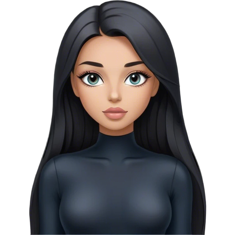 Glamours, tanned, very beautiful girl, with big pump peach-beige-rose lips, long long lashes, black straight smooth silky long hair, straight parting hair, blue-grey eyes in black long-sleeves bodysuit emoji