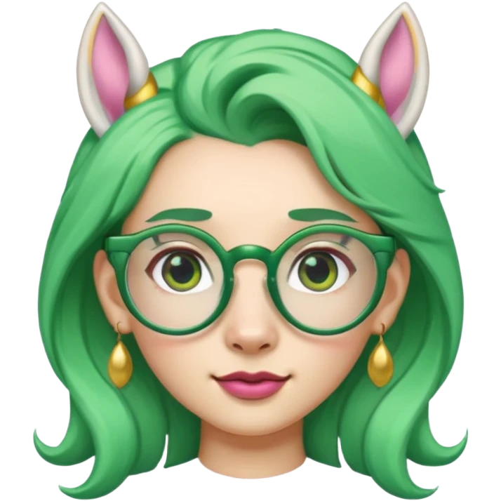 unicorn with green hair and big earrings looking into camera and spectacle emoji