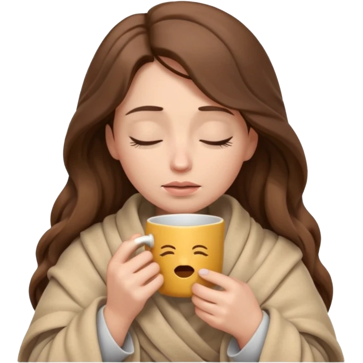 emoji-style illustration of a crying relaxed woman with long wavy brown hair, wrapped in a cozy beige blanket, holding a mug cup, eyes closed, sad and a bit anxious expression, soft 3D cartoon rendering, warm and comforting mood, plain background
 emoji
