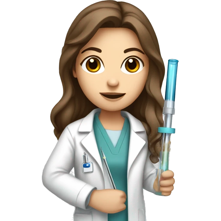 White Girl with long brown hair and brown eyes in a lab coat holding a pipette emoji