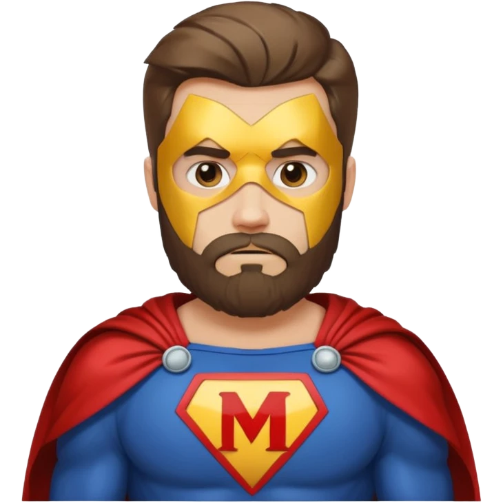 бородатый мужчина в костюме супер героя с буквой М на груди грустит emoji