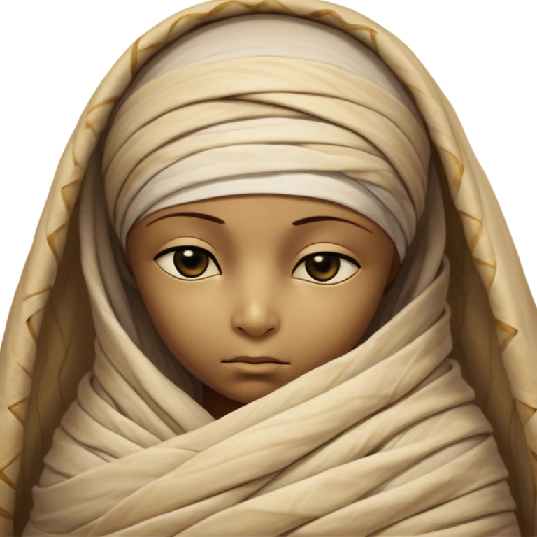 A snug, cozily wrapped mummy, fully encased in soft, slightly loose bandages, even its face gently hidden behind folds with only a tiny glimpse of sleepy eyes, nestled in warm, faded tones with gentle golden accents, simplified yet irresistibly charming, highly detailed with a soft glowing outline capturing the peaceful aura of an ancient being drifting into rest! emoji