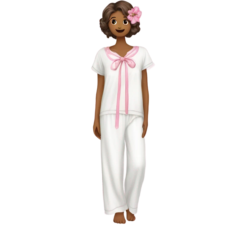 white long flowy brandy melvile pyjamas with pink flowers and bows on  emoji
