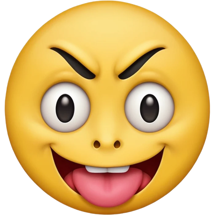 A yellow round face emoji smirking with its tounge out but the eyes are evil and kind of crazy and one eyebrow is raised in a suggestive way emoji