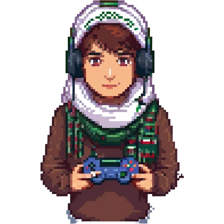 pixel art of a Palestinian gamer with a headset, holding a game controller, with a keffiyeh pattern emoji