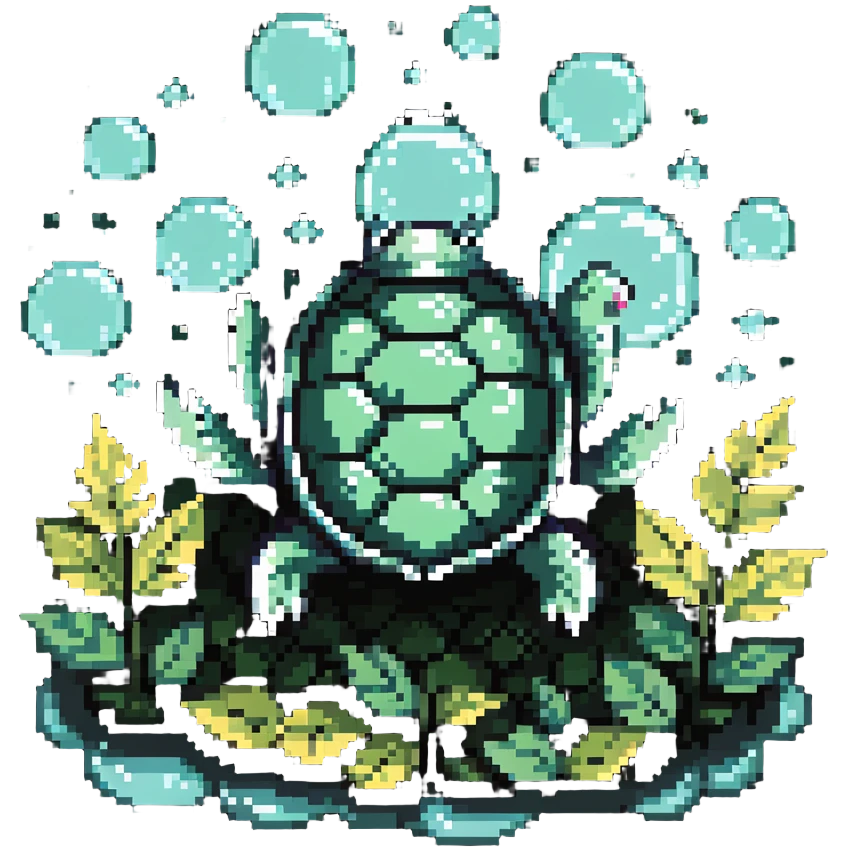 A turtle with a shell made of leaves and surrounded by floating bubbles emoji