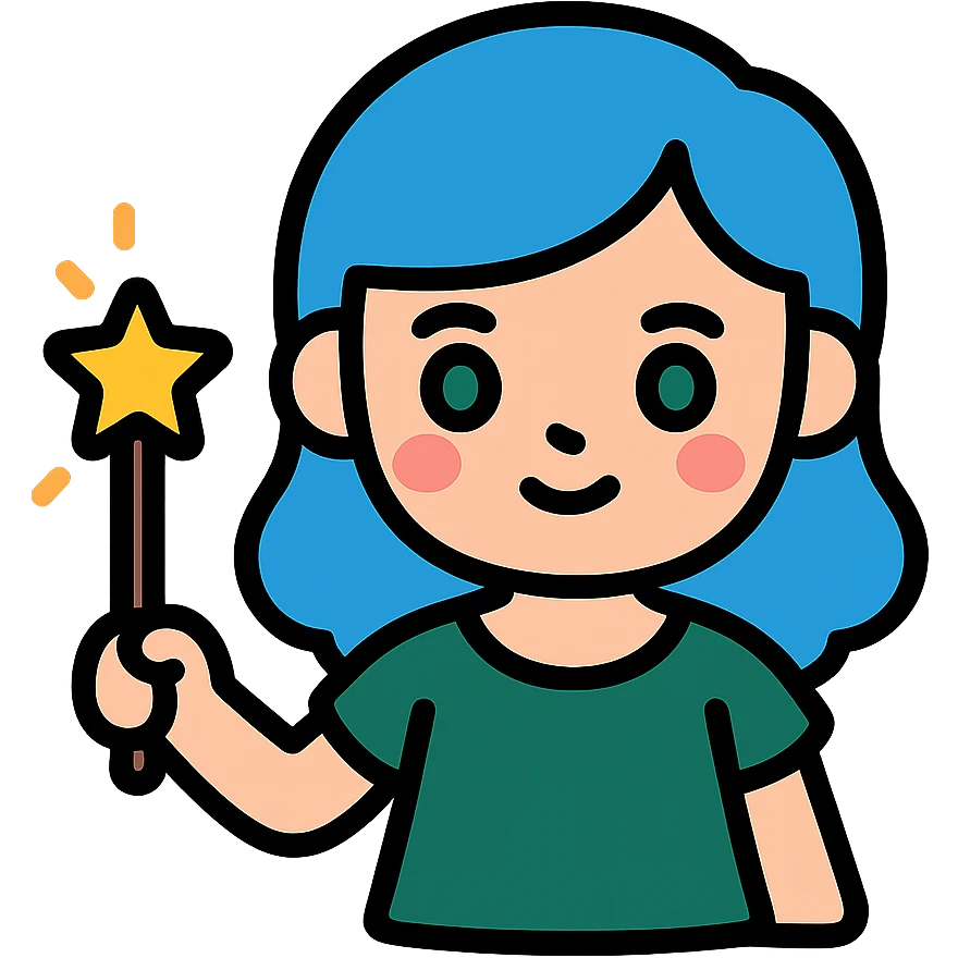 beautiful girl with blue hair and green eyes, holding a magic wand, wearing a dark green dress, color icon style emoji