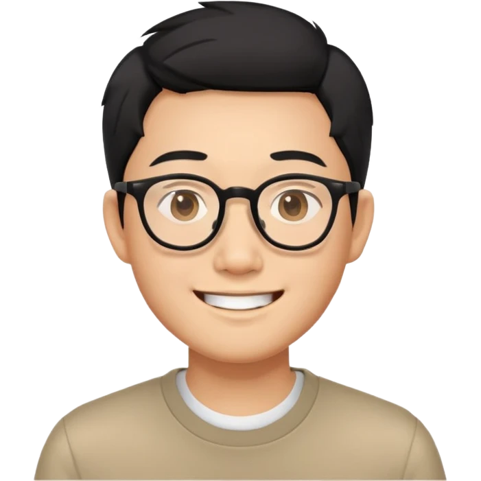 Asian man with short black hair, glasses, friendly smile, Josh Lim character emoji