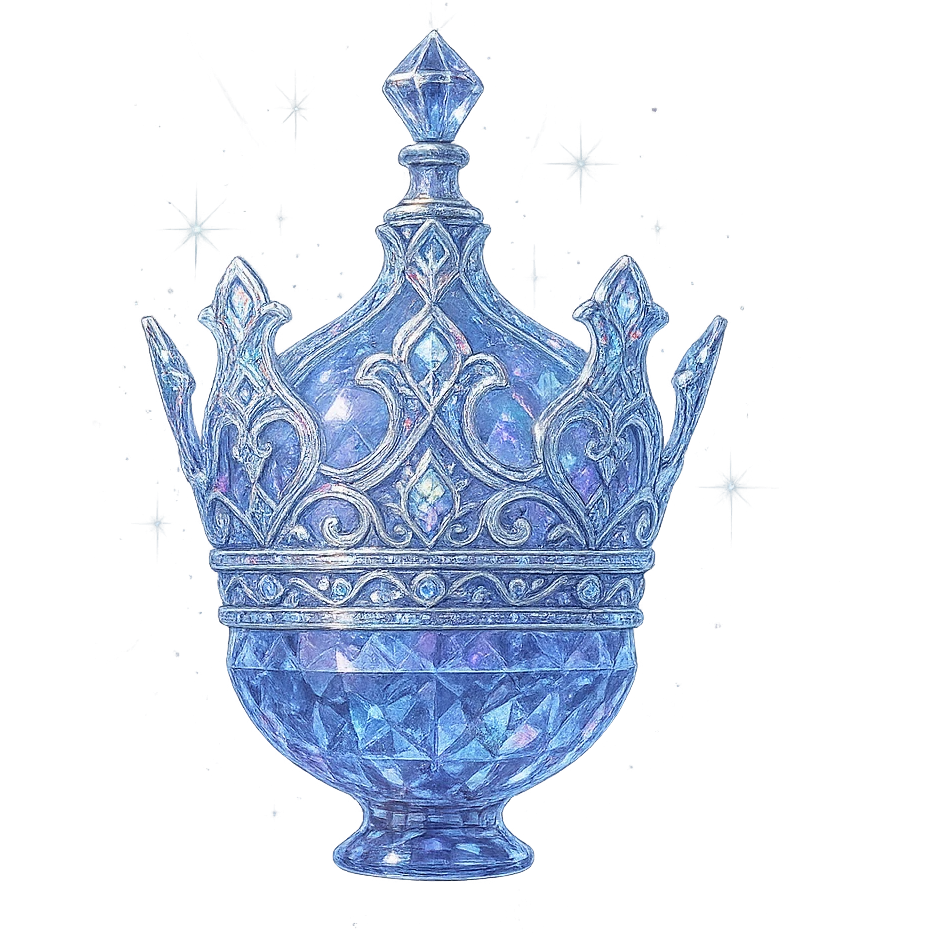 išskirtinai prabangus eliksyro buteliukas, aiškiai karūnos forma (ne gertuvė), spalva #7986cb, daugiasluoksniai holografiniai ir sidabriniai ornamentai, kristalo tekstūra, daug magiškų švytėjimų ir žėrėjimo, šviesos spinduliai, labai mažas kaklelis, dailiai sujungta, užapvalinta ir uždara apačia (ne plokščia ir ne atvira kaip stiklinės), skaidrus fonas, buteliukas aiškiai plūduriuoja ore, be pagrindo ar šešėlio, nestovi, modernus, kolekcijai tinkamas, ypatingai gražus, elegantiškas karūnos siluetas emoji