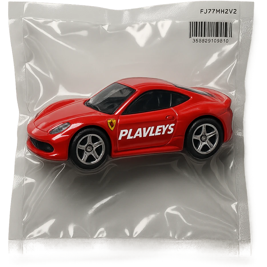 red Ferrari Hot Wheels car in packaging, 'PLAVLEYS' in italic racing font on the side, glossy and puffy vacuum-sealed style emoji