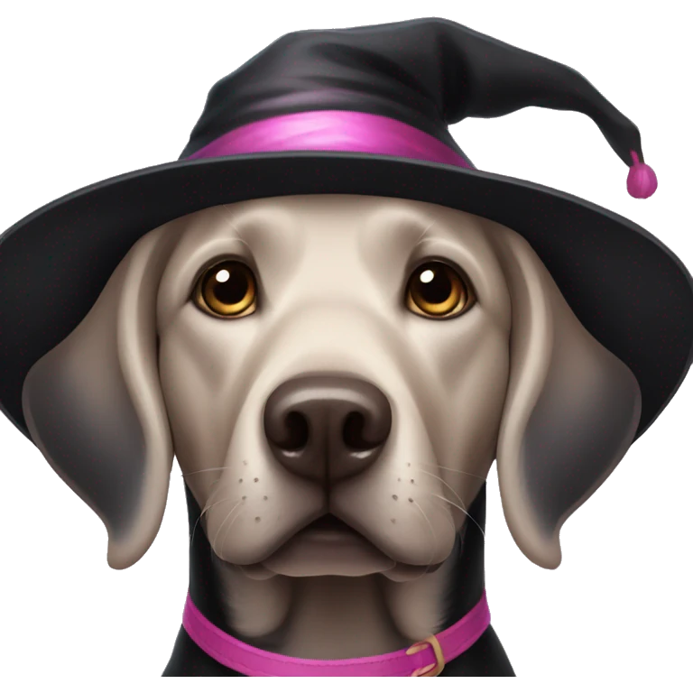 Black Labrador wearing black and pink witch hat emoji