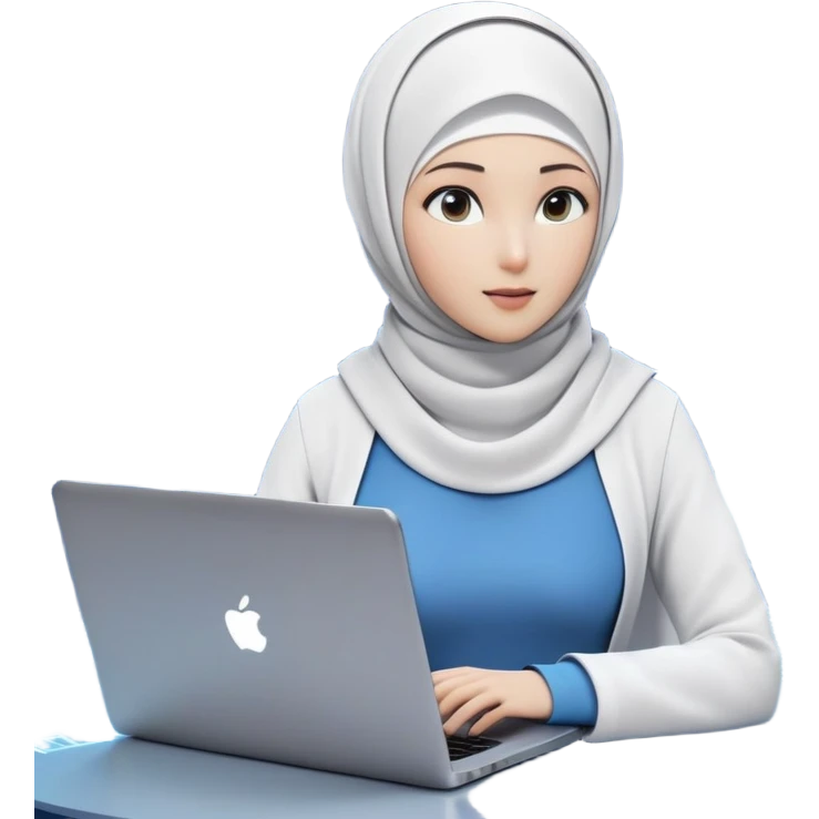 computer engineer with white hijab wearing blue outfit, with her metaverse creation coming to life around her, digital elements and code escaping from the screen behind her, virtual objects and holograms materializing in 3D space around her, laptop in front of her, her digital world extending beyond the screen into reality emoji
