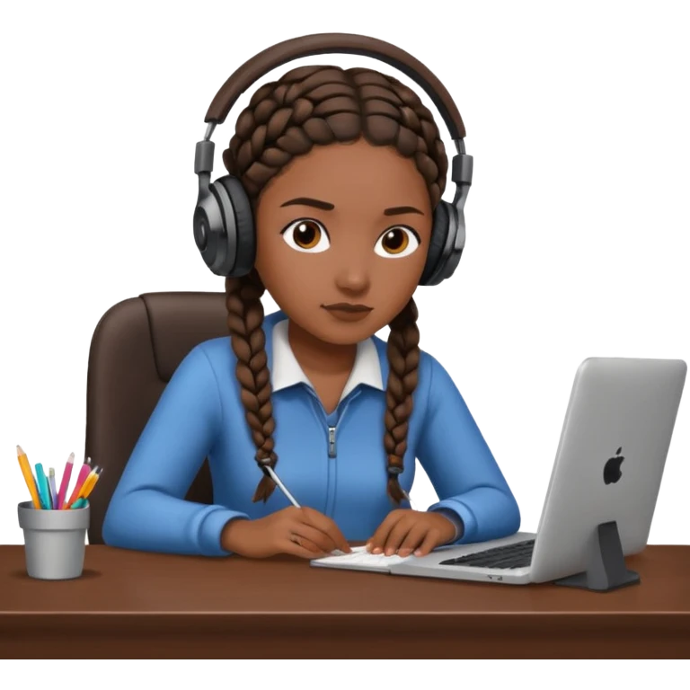 realistic dark brown skinned female with braids sitting at a desk with headphones on emoji