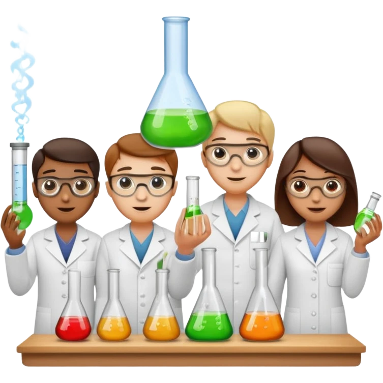 Five chemists: one organic chemist, on physical chemist, one inorganic chemist, one technical chemist and on theoretical chemist – each one with a typical item for their field emoji