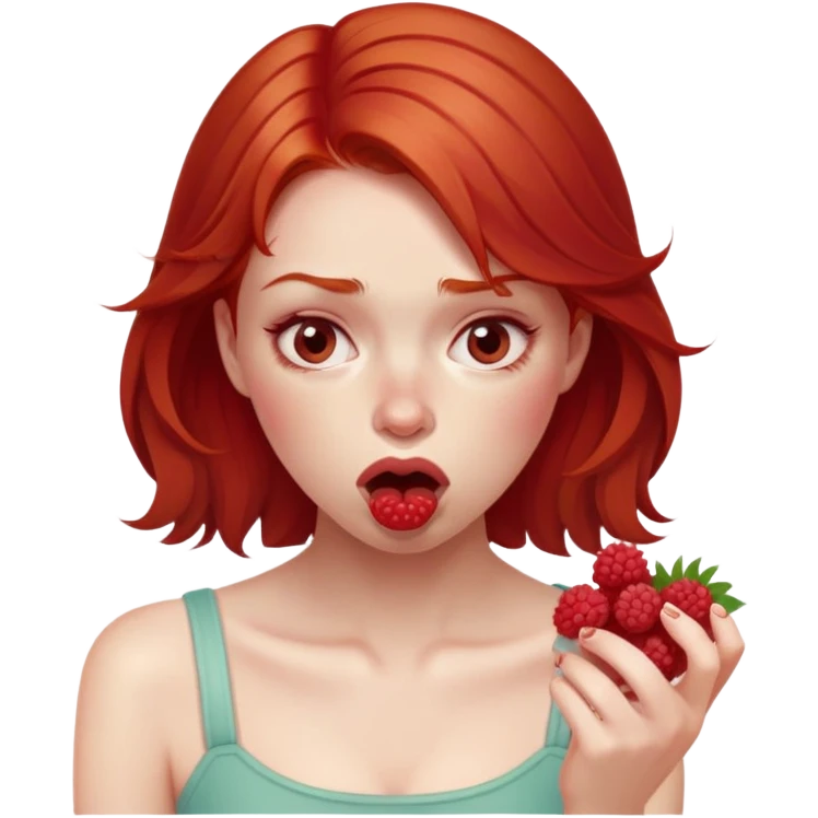 redhead girl with a displeased face eating raspberries emoji