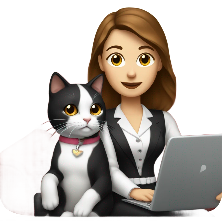  woman with brown hair sitting on the couch laptop on her lap next to small black and white tuxedo cat emoji