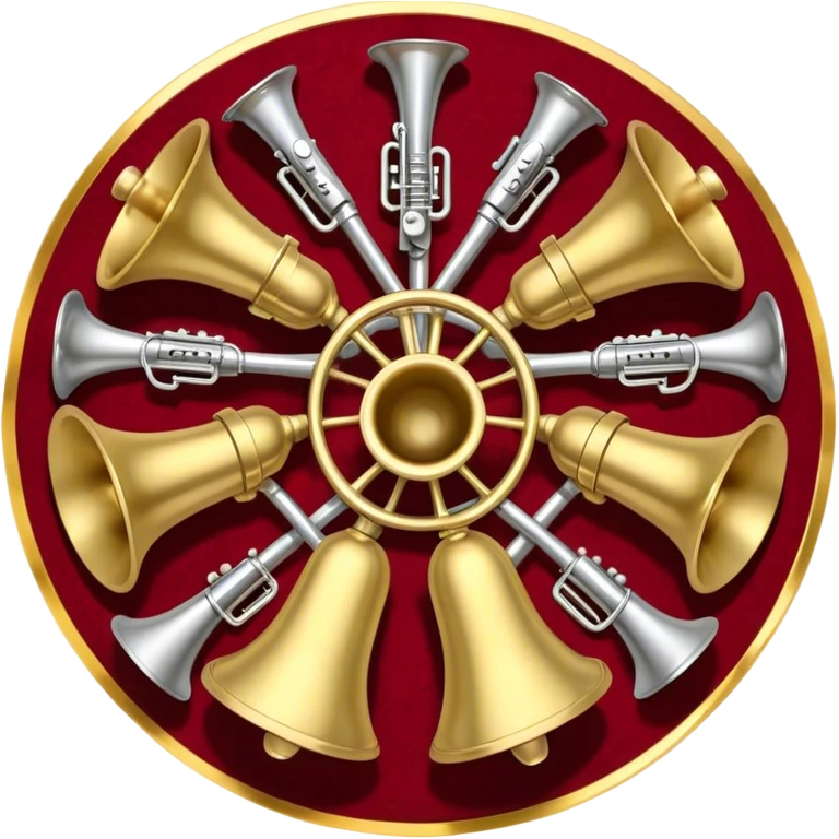 Create a festive and elegant emoji collage featuring a bouquet or fan of brass instrument bells (trumpets, saxophones, trombones, etc.) arranged in a radiant, symmetrical pattern. The instruments should have polished, golden and silver finishes, with their large, shiny bells forming a beautiful, fan-like display. Include a flowing ribbon of musical notes swirling through the center, conveying movement and melody. The background should feature a deep red velvet texture, adding a touch of luxury and sophistication. The overall composition should be balanced, with an elegant and regal feel, with a transparent background to keep focus on the instruments and musical elements. emoji