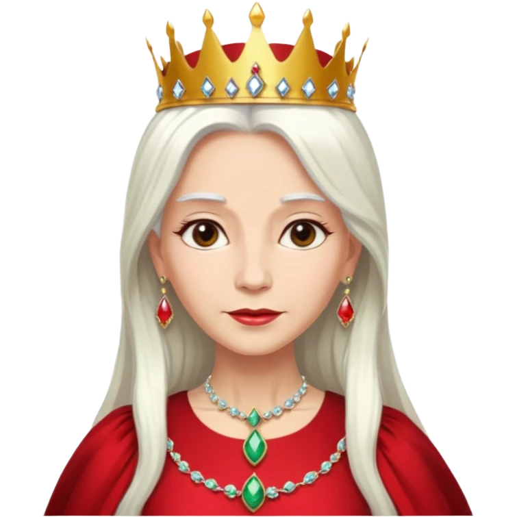 Queen with long white hair – jeweled golden crown, red dress. emoji