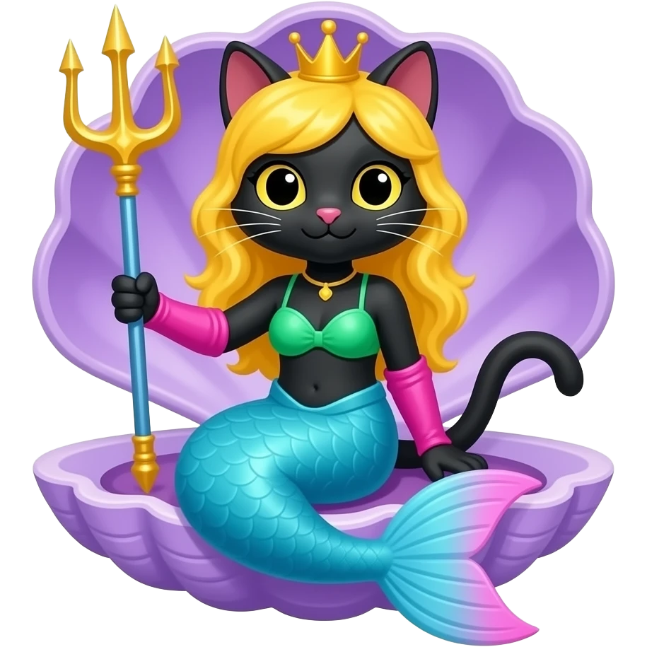 black anthro cat  happy light blue  mermaid tail with pink fins and long pink gloves  yellow hair crown green swimsuit sitting on an open purple clam holding a trident artistic creation, beautiful art cartoon style art kawaii style art clipart art emoji