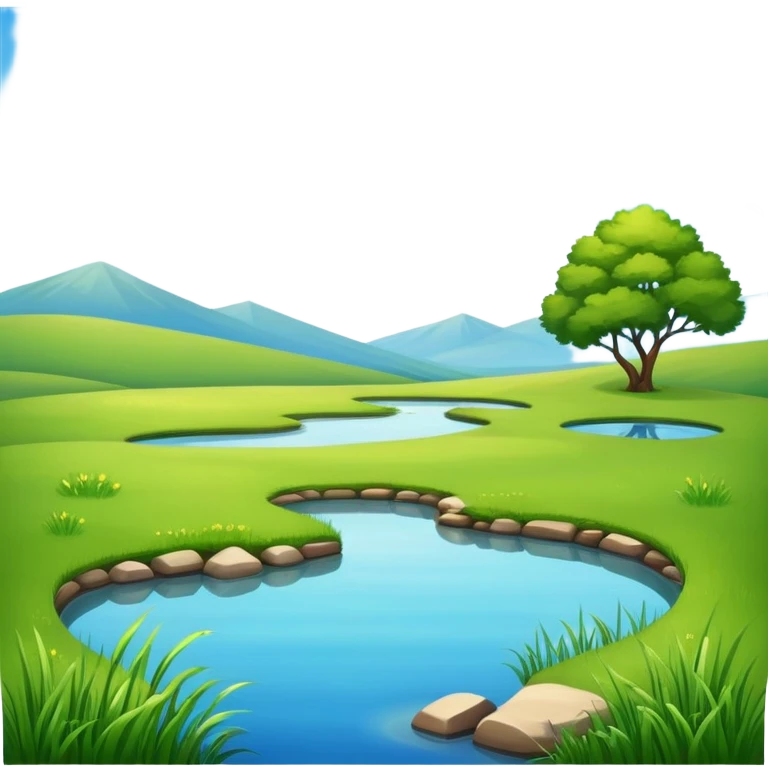 sunny landscape with green grass, blue sky, and a small pond emoji