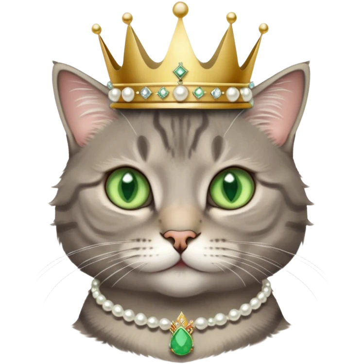 fluffy cool grey tabby cat with green eyes, white tummy, a simple pearl necklace and crown emoji