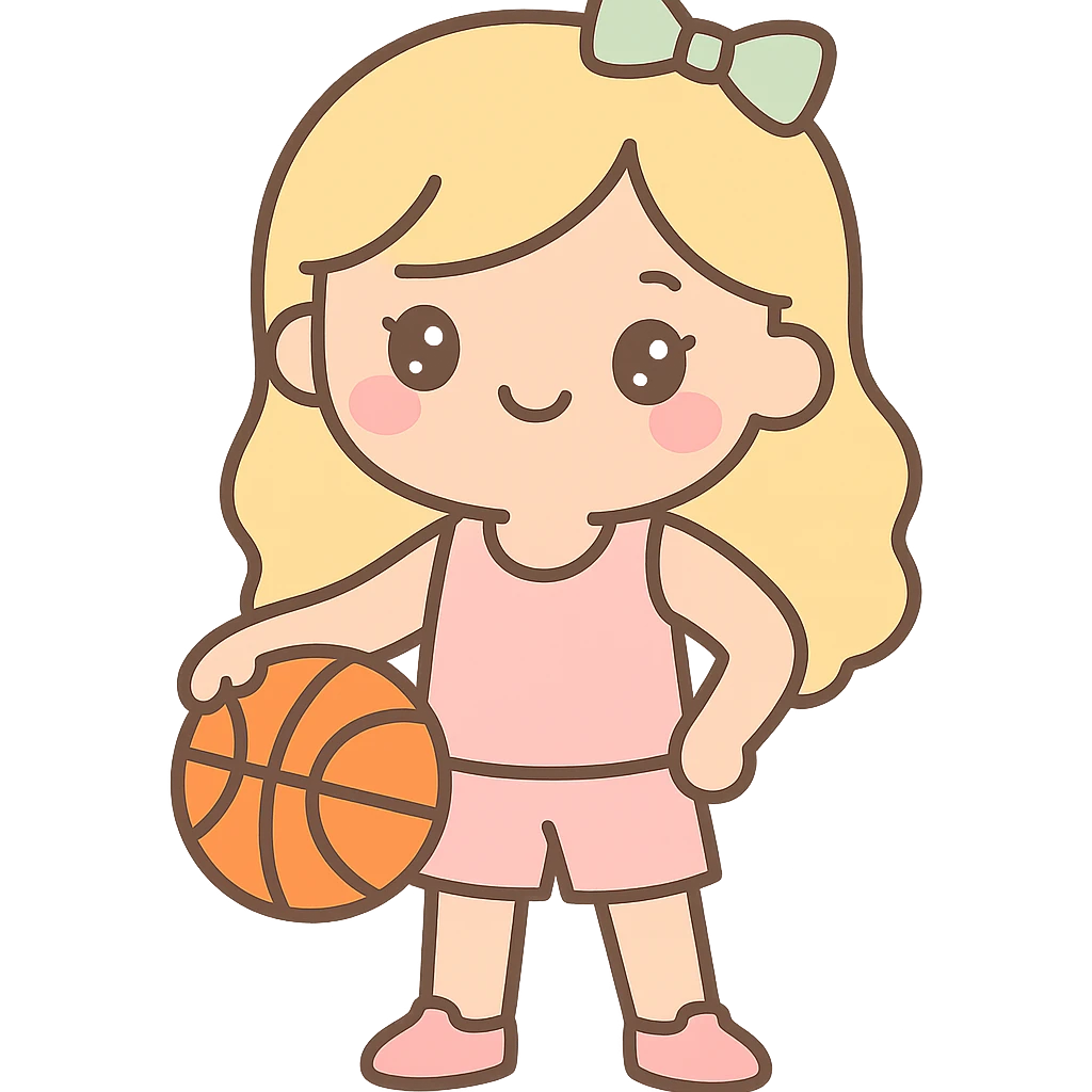 blonde white female basketball player wearing pastel pink basketball uniform holding orange basketball on hip smiling kawaii style no text emoji