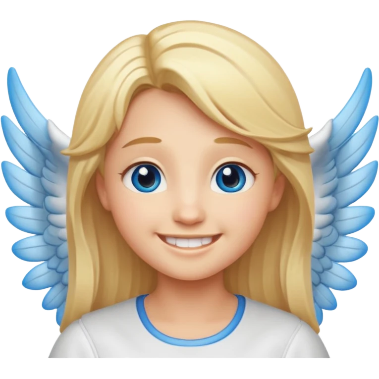 angel emoji blonde hair, blue eyes and smiling, larger wings with darker outline on them and bigger smile and more smiley eyes emoji