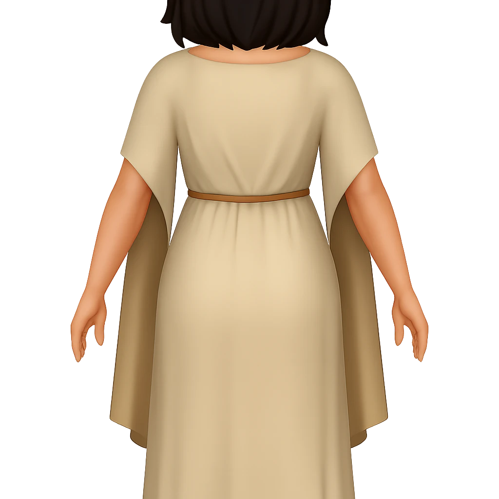 Create a back view, fullbody emoji style character with the same style and proportions as the reference image. The character should wear a plain light tan dress, have dark hair, arms slightly away from body, and a transparent background. emoji