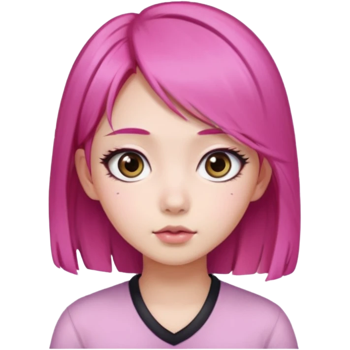An Asian girl with Fashion pink hair, big eyes, thick eyebrows, and long eyelashes;  emoji