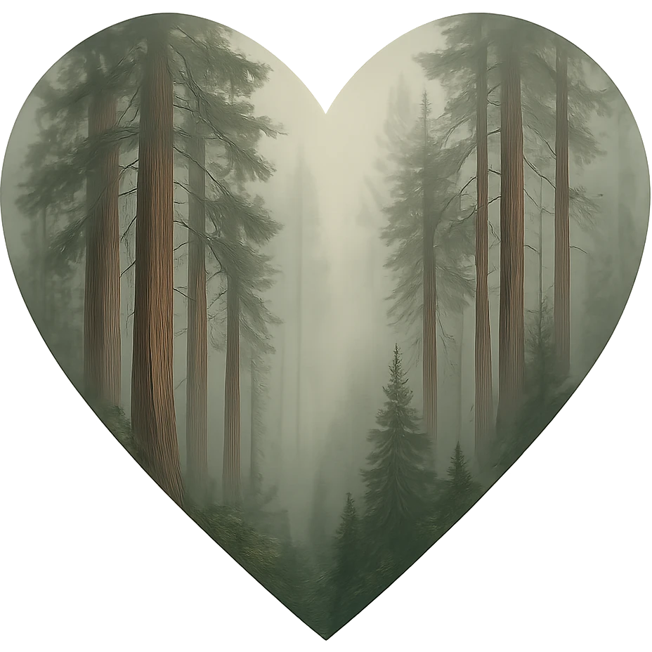 heart with a misty redwood forest, clean digital illustration, no background emoji
