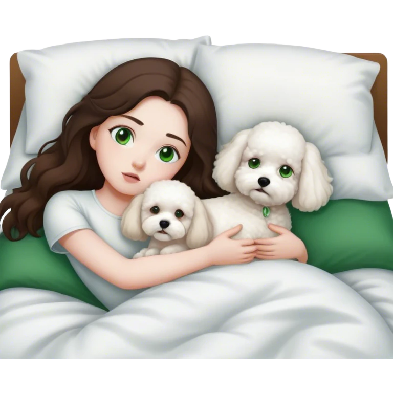 Brunette Long hair girl with green eyes sick in bed by herself with one white bichon frise dog emoji