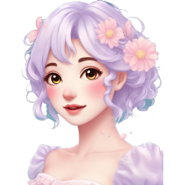 Gorgeous pastel anime style lady with blushing face and flowers cottagecore fairycore pastelcore colorful pearly romantic simplistic aesthetic trending style emoji
