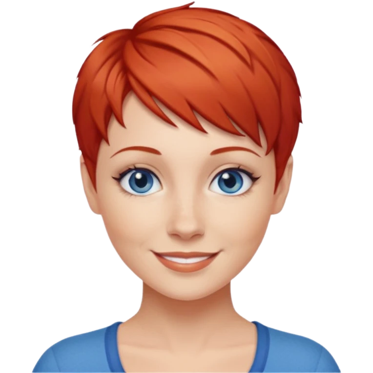 27 year old white woman, red hair, pixie cut, blue eyes emoji