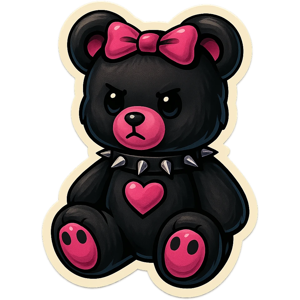 gothic teddy bear, black and pink, retro stickers style emoji