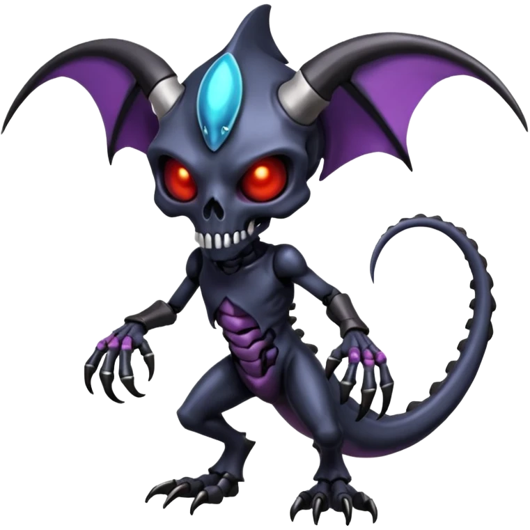 Shiny Horned Futuristic Badass Demonic Spectral Dusky Spooky Skull-faced Cool Hot Stylish Handsome Alien-Salandit-Darkrai-Genesect-Fakémon-fusion (full body) emoji
